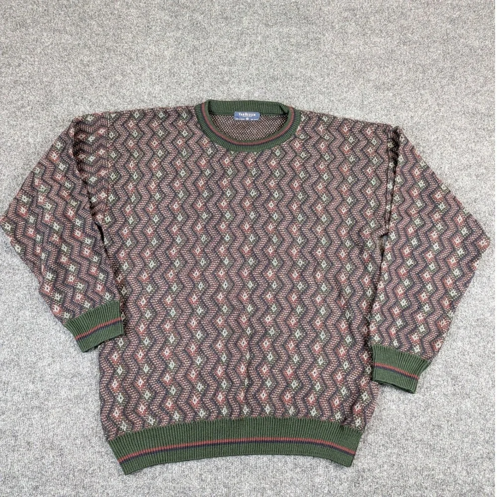 Van Heusen Mens XL Green Burgundy‎ Geometric Diamond Knit Crewneck Sweater VTG